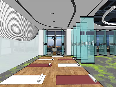 Modern Yoga Studio With Wooden Floor Glass Partitions And Exercise Mats For Fitness Workouts 3d model