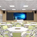 School Cafeteria Interior With Tables Chairs Windows Curtains And Ceiling Lights