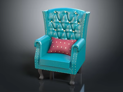 Blue Tufted Armchair With Studded Edges Red Polka Dot Pillow For Living Room 3d model