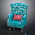 Blue Tufted Armchair With Studded Edges Red Polka Dot Pillow For Living Room
