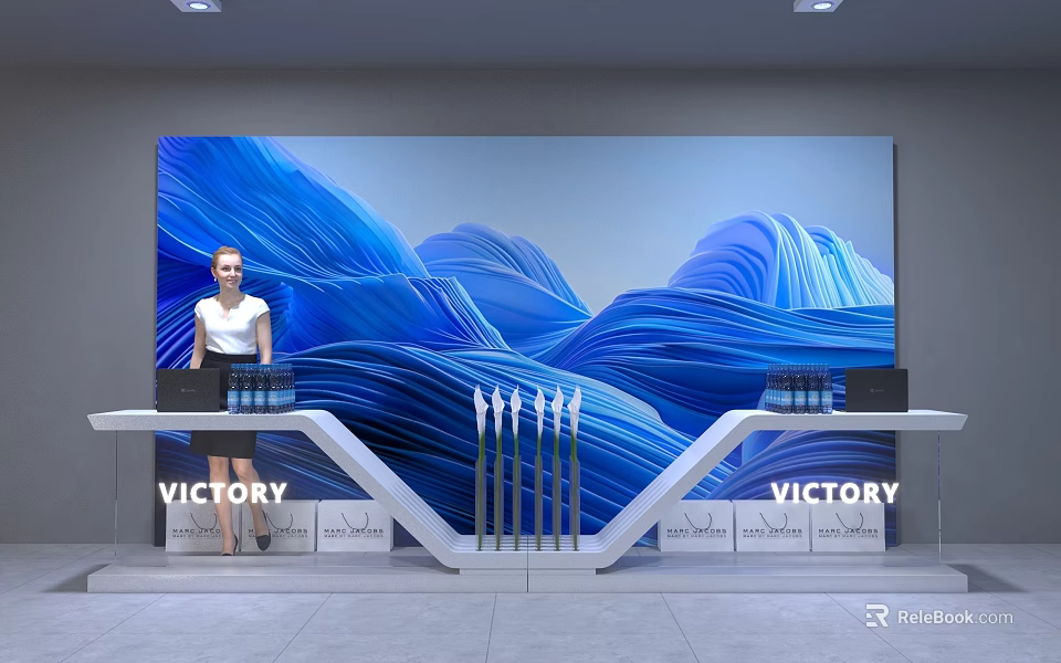 Check-in Counter Featuring Blue Wavy Mural VICTORY Lettering and Woman Standing Nearby 3d model 