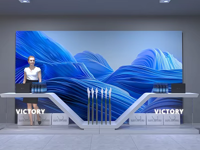 Check-in Counter Featuring Blue Wavy Mural VICTORY Lettering and Woman Standing Nearby 3d model