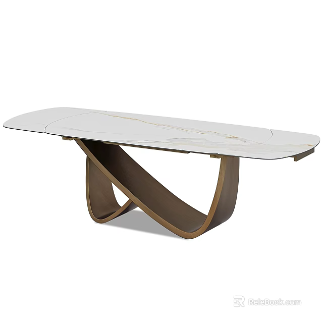 Modern Dining Table With White Marble Top And Crossed Curved Brown Legs 3d model 