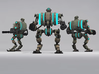 Smart Mechanical Robots With Three Units And Blue Glowing Mechanical Design 3d model