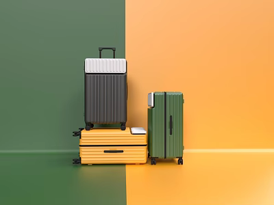 Modern Gray Yellow And Green Suitcases Stacked On Green And Orange Background 3d model