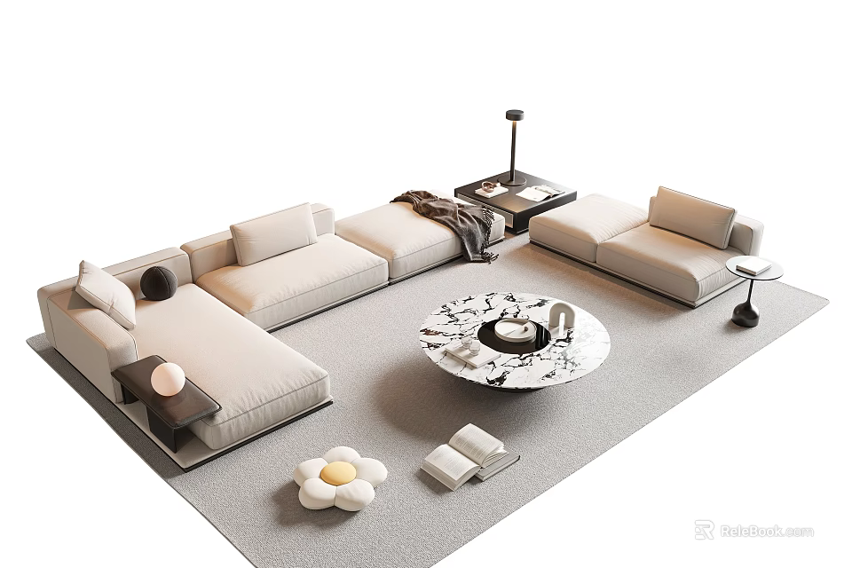 Modern Sofa Coffee Table Set with Round Marble Top and Side Table on Soft Rug 3d model 