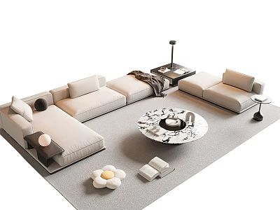 Modern Sofa Coffee Table Set with Round Marble Top and Side Table on Soft Rug 3d model