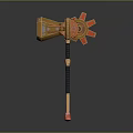 Golden And Red Decorative Axe With Gear Like Red Accents And Black Handle