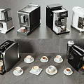 Modern Kitchen Appliances Display With Coffee Makers Toasters And Coffee Cups 3d model
