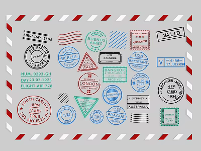 Creative Wall Decor With Colorful Stamp And Seal Patterns And Red White Striped Border 3d model