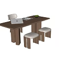 Modern Wooden Table and Chair Set With Laptop Notebook Green Bowl and Stools