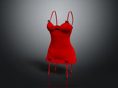Red Satin Slip Dress With Delicate Lace Trim And Bow Accents 3d model