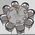 Elegant Modern Round Dining Table Set with Marble Top and Curved Back Chairs and Tableware 3d model