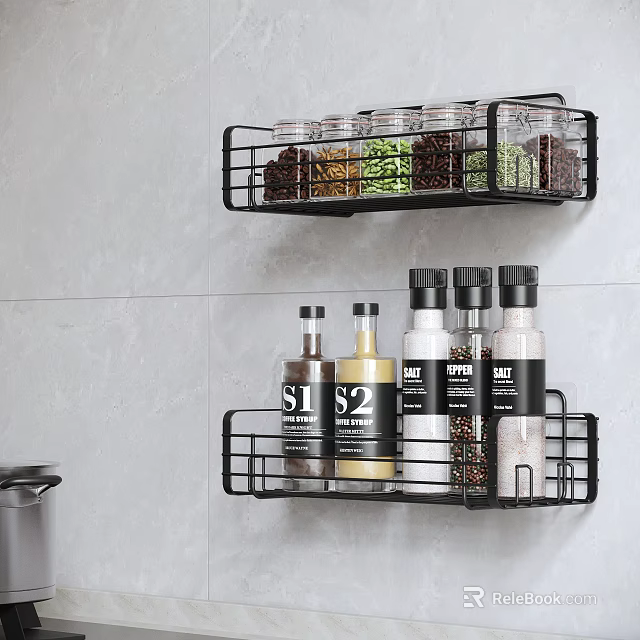 Modern Kitchen Black Metal Wire Wall Mounted Storage Cabinets With Spice Jars And Condiment Bottles 3d model 