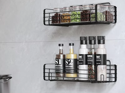 Modern Kitchen Black Metal Wire Wall Mounted Storage Cabinets With Spice Jars And Condiment Bottles 3d model
