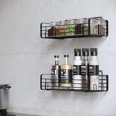 Modern Kitchen Black Metal Wire Wall Mounted Storage Cabinets With Spice Jars And Condiment Bottles 3d model