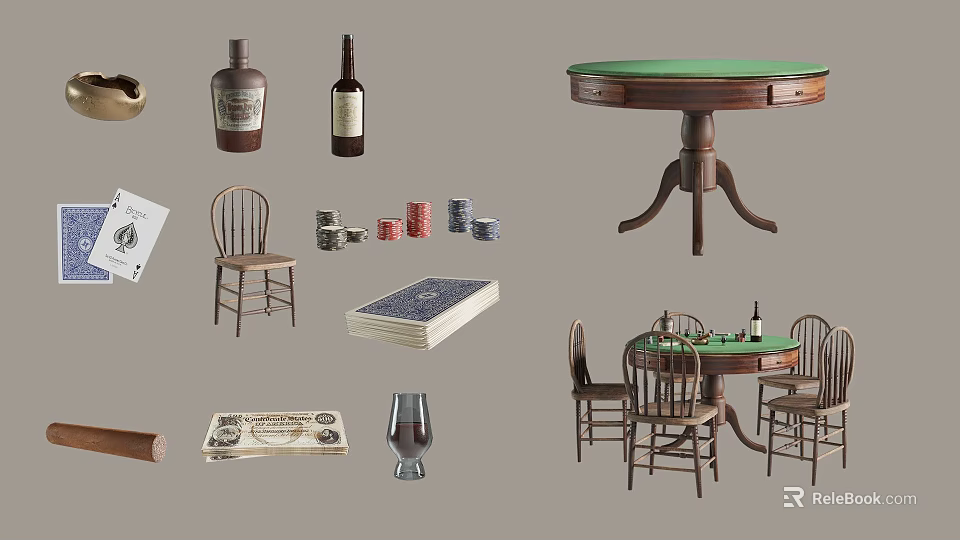 Classic Entertainment Table with Poker Cards Chips Chairs Wine Glasses and Wooden Design 3d model 