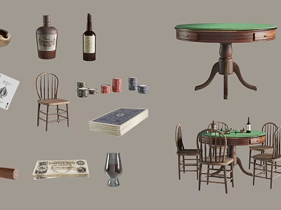 Classic Entertainment Table with Poker Cards Chips Chairs Wine Glasses and Wooden Design 3d model