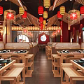 Traditional Chinese Hotpot Restaurant Interior With Red Decor Wooden Tables And Hanging Lanterns