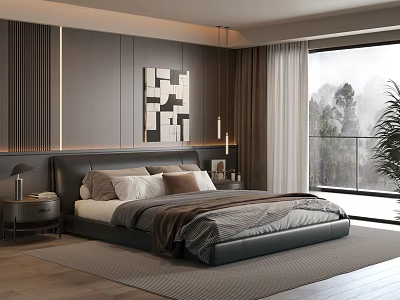 Modern Bedroom Interior Design With Dark Headboard Geometric Painting And Mountain View Window 3d model