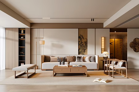 New Chinese-style Song-style Living Room Sofa Coffee Table Multi-person Sofa Leisure Chair Floor Lamp Wall Lamp 3d model