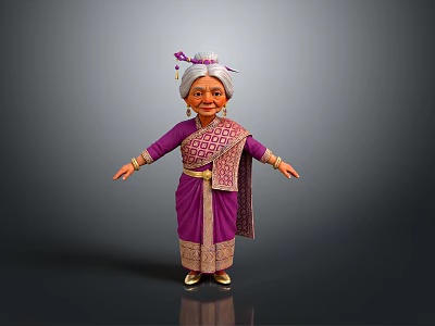 Elderly Woman in Purple Sari with Decorative Headpiece Smiling Arms Outstretched 3d model