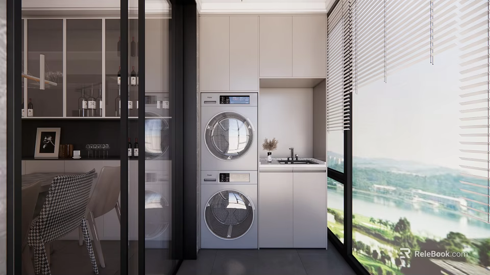 Modern Home Balcony Interior With Washing Machine Dryer Sink Cabinets And Large Window View 3d model 