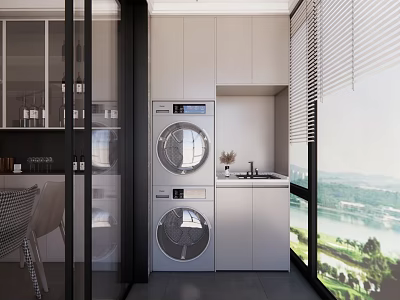 Modern Home Balcony Interior With Washing Machine Dryer Sink Cabinets And Large Window View 3d model