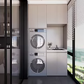 Modern Home Balcony Interior With Washing Machine Dryer Sink Cabinets And Large Window View