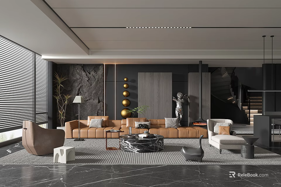 Modern Elegant Living Room With Brown Sofa Black Marble Floor Sculpture Floor Lamp And Staircase 3d model 