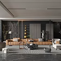Modern Elegant Living Room With Brown Sofa Black Marble Floor Sculpture Floor Lamp And Staircase