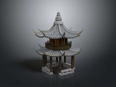 Traditional Chinese Pavilion With Two Story Tiled Roof Curved Eaves And Wooden Pillars 3d model
