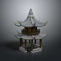 Traditional Chinese Pavilion With Two Story Tiled Roof Curved Eaves And Wooden Pillars