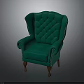 Green Tufted Armchair With Curved Armrests And Wooden Legs Design