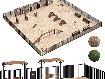 Outdoor Playground Equipment Featuring Sandpit Climbing Structures Tunnels Balance Beams Fencing And Shade Canopies 3d model