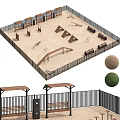 Outdoor Playground Equipment Featuring Sandpit Climbing Structures Tunnels Balance Beams Fencing And Shade Canopies