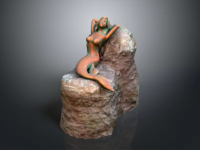 Artistic Mermaid Statue With Copper Tail Sitting On Natural Rock Base Design 3d model