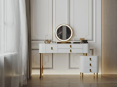 Elegant White Dressing Table With Gold Legs Drawers Round Mirror And Decorative Wall 3d model