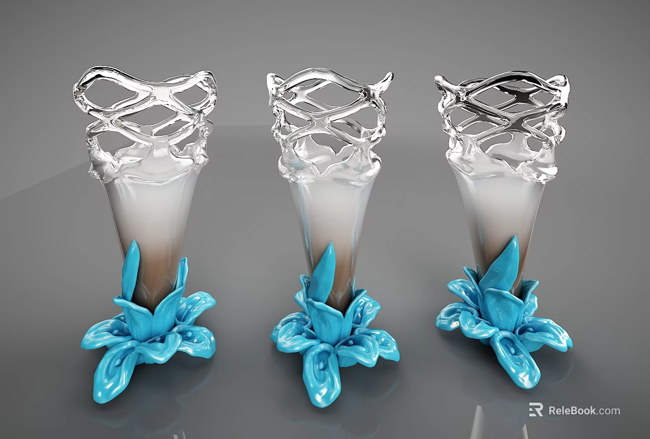 Set Of Three Transparent Vases With Twisted Design And Blue Decorative Flowers 3d model 
