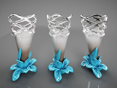 Set Of Three Transparent Vases With Twisted Design And Blue Decorative Flowers 3d model