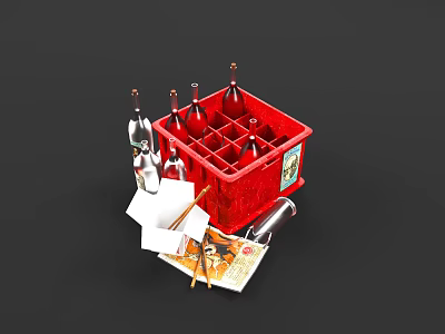 Red Wine Rack With Wine Bottles Wine Glasses Corkscrew Paper Napkins And Cards 3d model