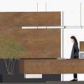 Modern Reception Desk With Brown Counter Feature Wall Green Plant And Hanging Lights