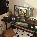 Modern Work Desk With Computer Monitor Keyboard Laptop Pencil Holder And Decorations
