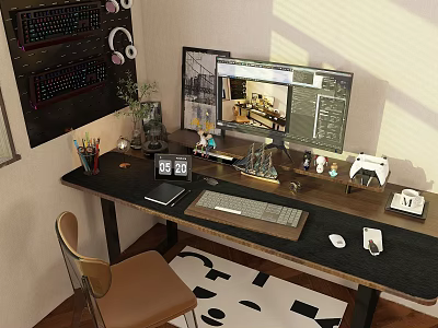 Modern Work Desk With Computer Monitor Keyboard Laptop Pencil Holder And Decorations 3d model