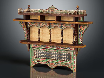 Traditional Wooden Decorative Shelf Featuring Intricate Carved Patterns Colorful Geometric Designs And Multi Layer Structure 3d model