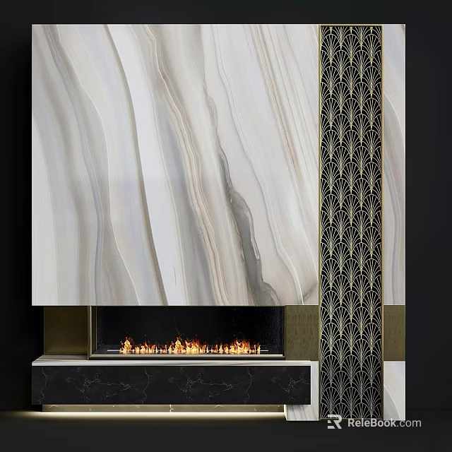 Modern Fireplace With Marble Texture Backdrop Black Gold Decorative Pattern And Burning Flames 3d model