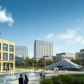 Contemporary Industrial Warehouse Featuring Glass Facade Plaza Area And Pedestrians Near Tall Buildings