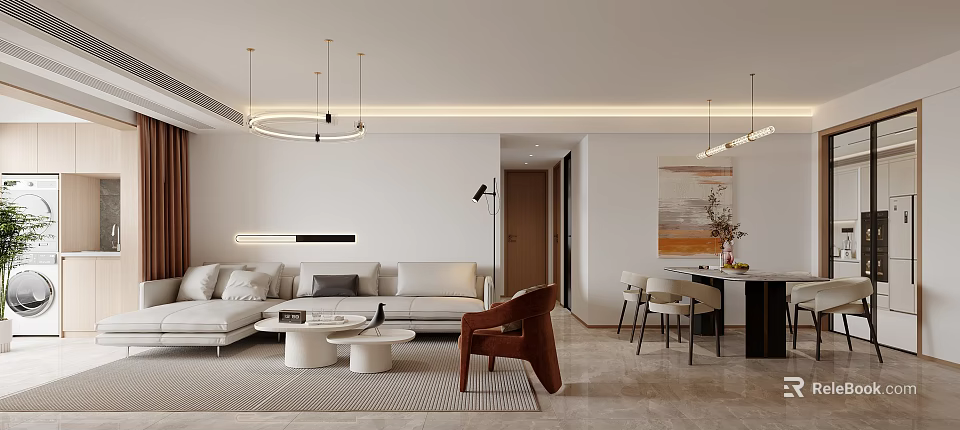 Modern Living Dining Room Interior Design With Sofa Coffee Tables And Dining Chairs 3d model 