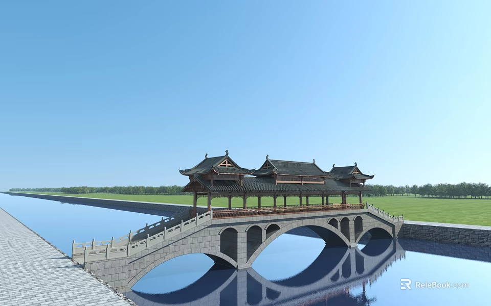Traditional Chinese Bridge With Pavilions Spanning Water And Reflection Under Blue Sky 3d model 