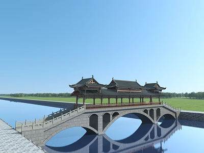 Traditional Chinese Bridge With Pavilions Spanning Water And Reflection Under Blue Sky 3d model